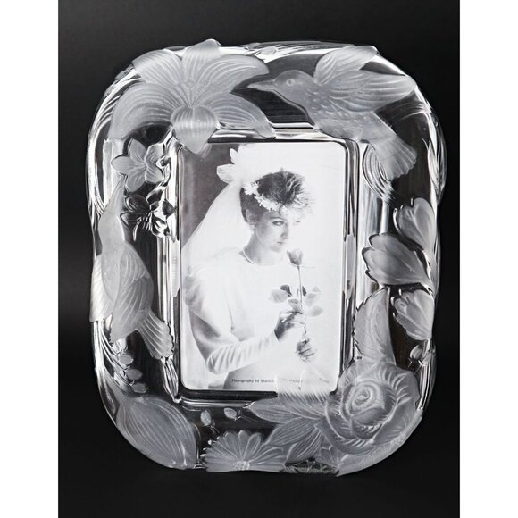 Vintage Crystal Picture Frame Clear Frosted Glass Birds Flowers Tall - Picture 1 of 6